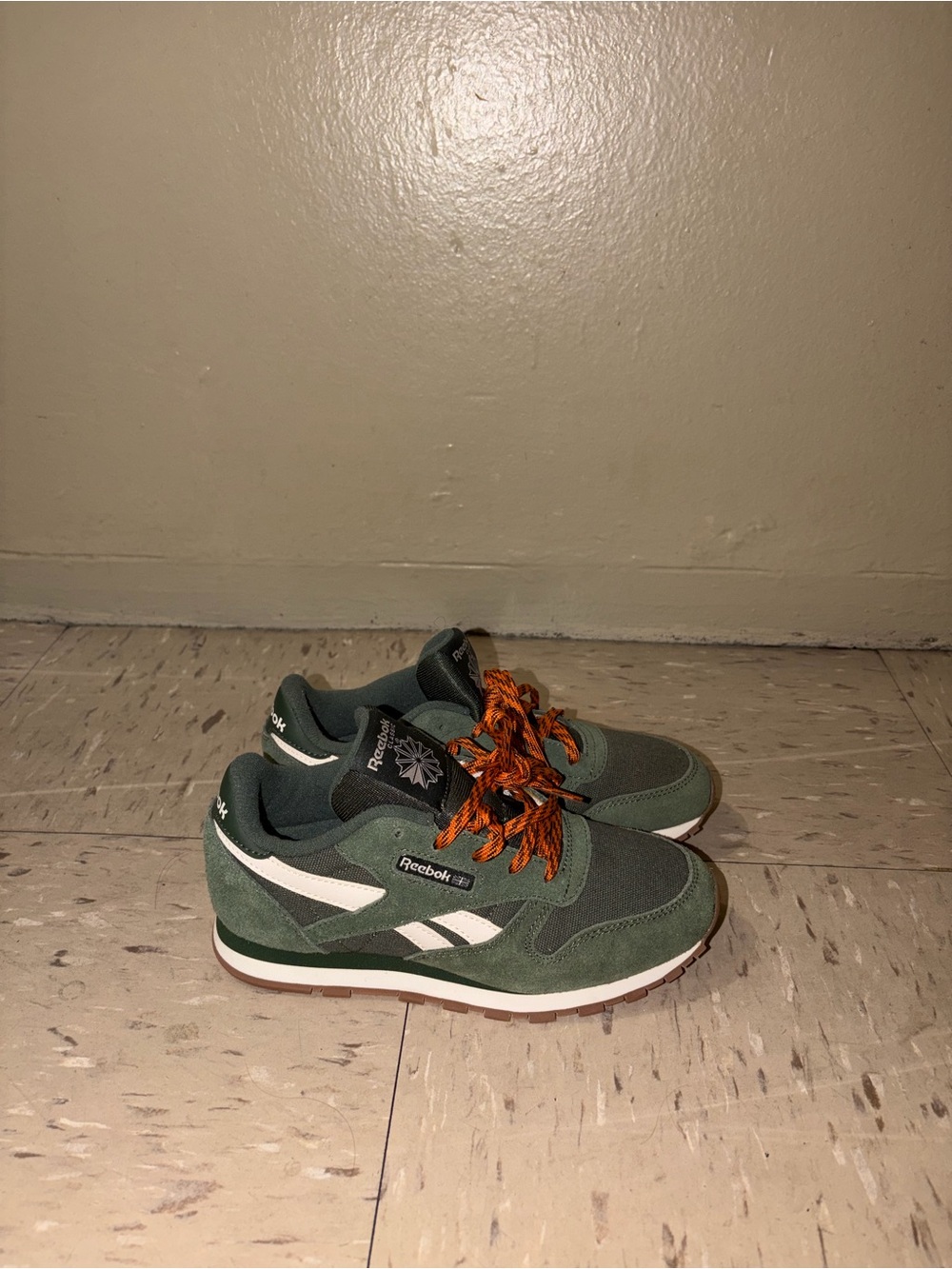 Reebok Kid's Green Suede Classic Runner With Orange Laces